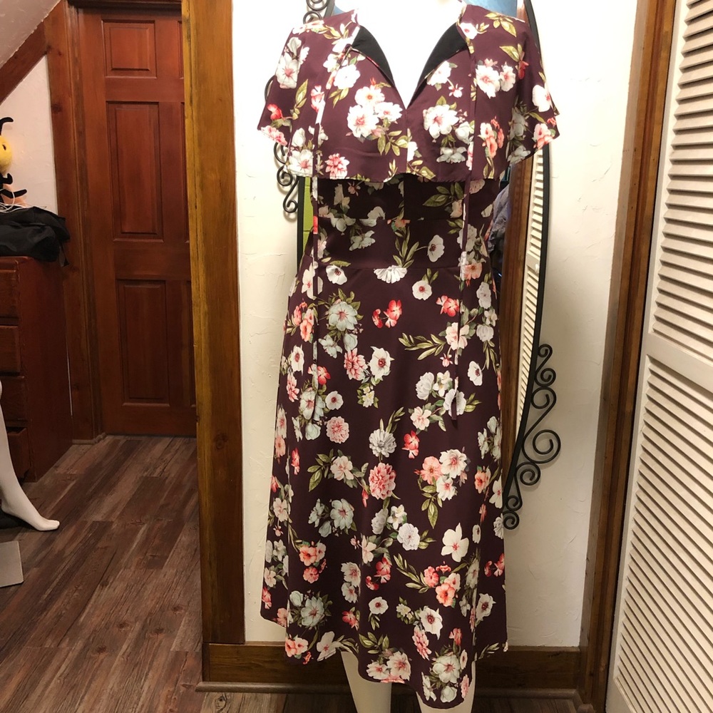 eshakti Burgundy Floral Midi Dress